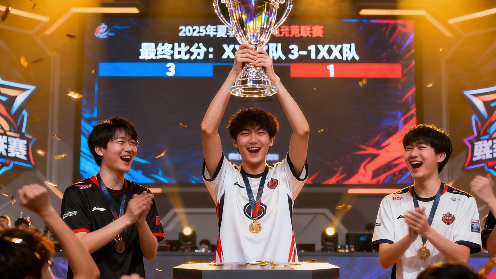 2025年夏季体育电竞联赛颁奖仪式，冠军选手在领奖台上高举水晶奖杯，身后屏幕显示最终比分